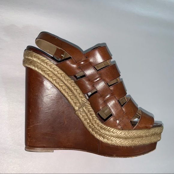 CHRISTIAN LOUBOUTIN size 37 brown calfskin GLADIATOR platform wedge heel SANDALS - Picture 7 of 11